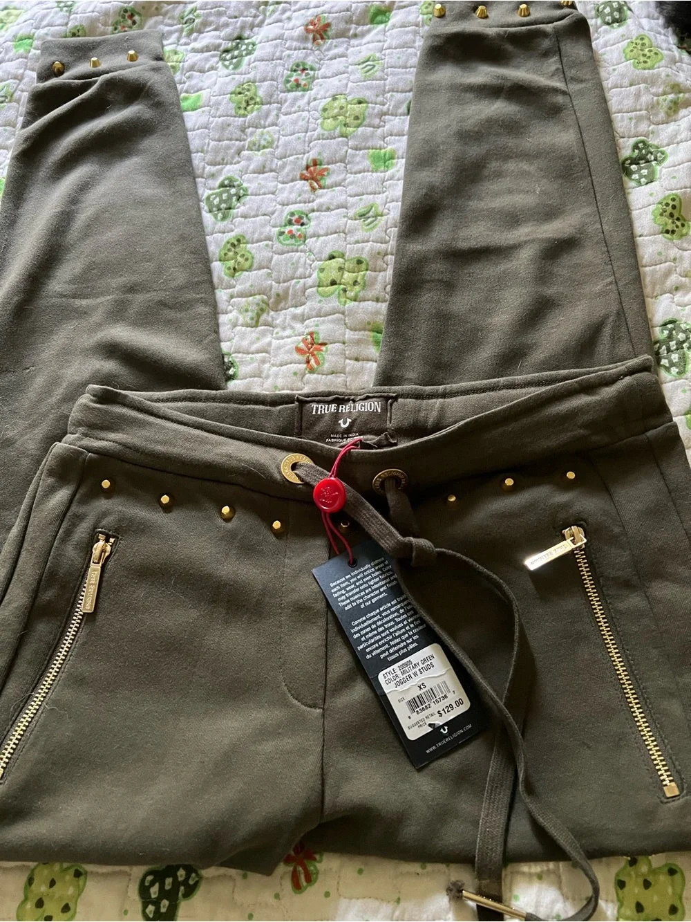 True Religion Olive Green Cropped Jogger Pants with Gold Accents